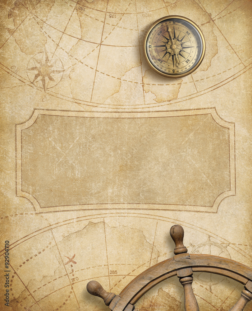 Canvas Prints old nautical map with compass and steering wheel