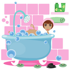 Woman taking a bath in the pink bathroom. 