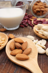 Soy milk or Almond milk with almond and soy bean on a wooden table