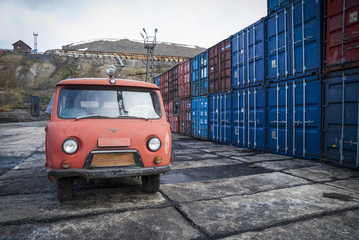 Old fashioned red van parked