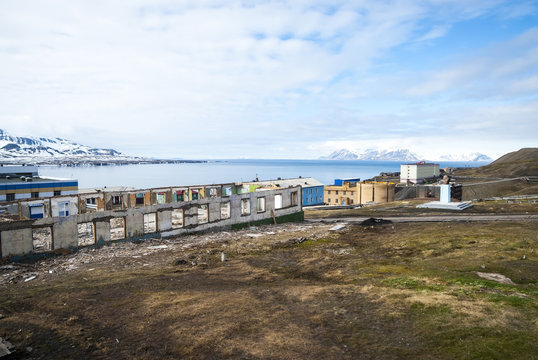 Destroyed buildings in Barentsburg, russian city in Svalbard