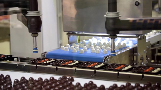 Picker line for chocolate bears, cookies, candies. Close up working process of transporter equipment 