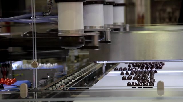 Picker line for chocolate bears, cookies, candies. Close up working process of transporter equipment 