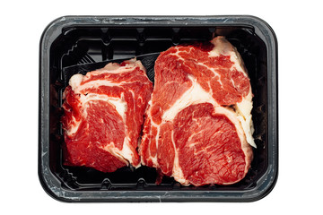 fresh raw meat in container, isolated on white