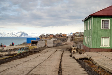 Main street in Barentsburg, russian settlement in Svalbard