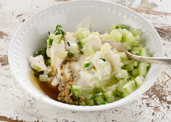 Sauce from yogurt, cucumber and herbs.