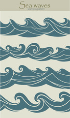 Set of seamless patterns with stylized waves blue shades
