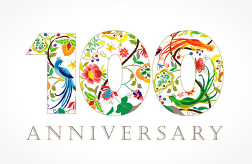 100 anniversary ethnic numbers. The template logo of one hundred years jubilee in vintage patterns with flowers and the birds of paradise.