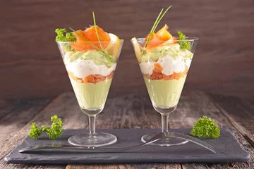 Wall murals Starter entree, avocado mousse with cream and smoked salmon