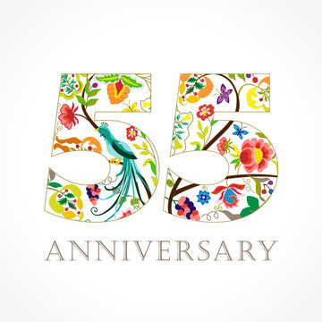 55 anniversary ethnic numbers. The template logo of 55th birthday in vintage patterns with flowers and the bird of paradise.