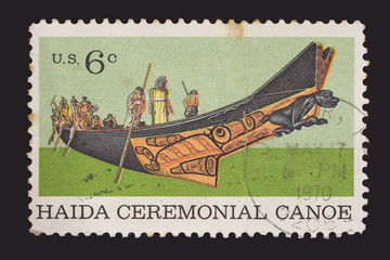 United States postage stamp showing a North American Indians haida ceremonial canoe