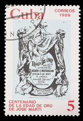 Postage stamp printed in Cuba shows the cover of the the Golden Age, the book of Jose Martis