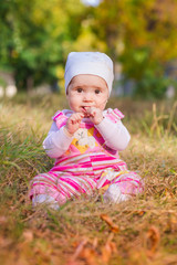 Cute baby in autumn leaves.