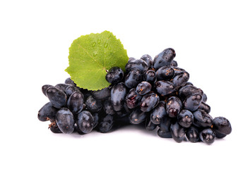 Bunch of black grapes with fresh leaves on white background