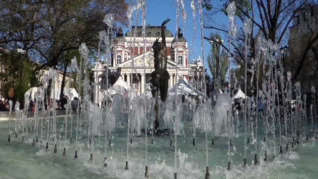 The beautiful pond in front of Ivan Vazov National Theatre in Sofia, Bulgaria.