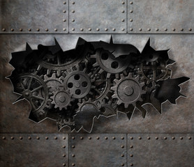 Fototapety  Torn hole in old metal with rusty gears and cogs