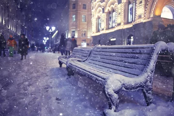 Zelfklevend Fotobehang bench Winter Street City Christmas night © kichigin19
