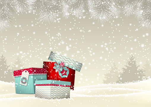 Christmas background with group of colorful giftboxes