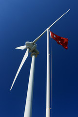 Wind turbines producing clean electricity in Bozcaada Turkey.