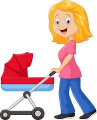 Cartoon a mother pushing a baby stroller