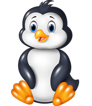 Cartoon funny penguin sitting isolated on white background