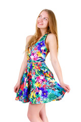 Portrait of young cute blonde smile girl with white teeth in summer dress posing isolated on white background, positive human emotion, facial expression