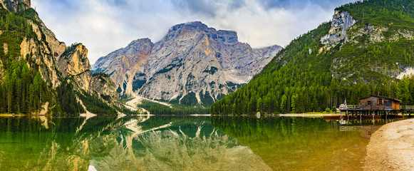Braies Lake in Dolomites mountains, Seekofel in background, Sudtirol,Italy