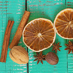 spices on a wooden background. New year background