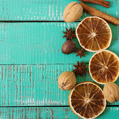 spices on a wooden background. New year background