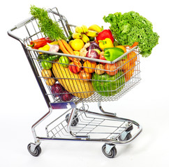Grocery shopping cart with vegetables and fruits.