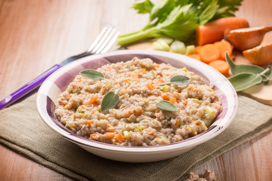 barley risotto with chickpeas and vegetables, selective focus
