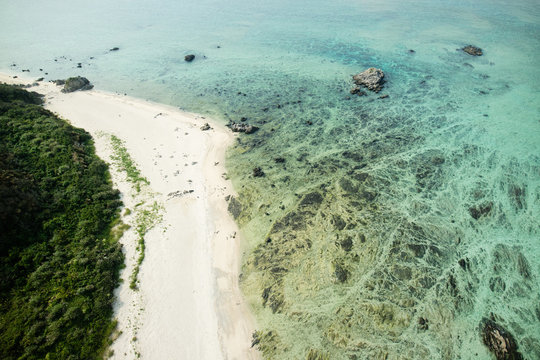 Aerial view of tropical coral reef paradise beach lagoon full of beautiful blue and turquoise colour in Amami Oshima, Kagoshima prefecture, next to Okinawa, Tropical Japan