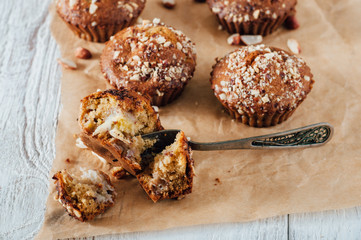 Homemade banana peanut muffins on baking paper
