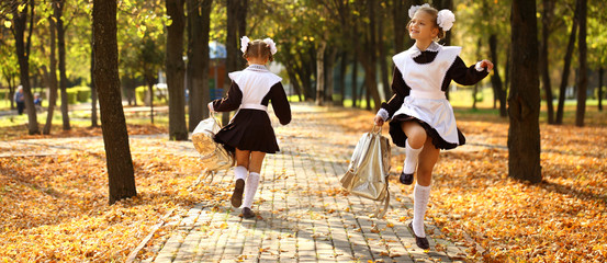 Happy little schoolgirl go home from school