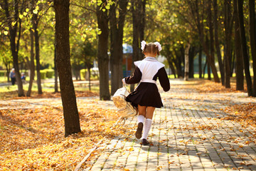 Fototapeta premium Happy little schoolgirl go home from school