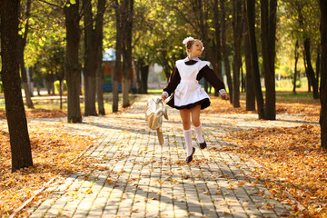 Fototapeta premium Happy little schoolgirl go home from school