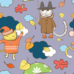 Autumn vector seamless pattern with cartoon cats, umbrellas and leaves on a blue background.