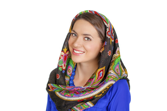 Beauty woman in the national patterned shawl