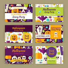 Fototapeta premium Vector Halloween Party Template Invitation Modern Flat Set