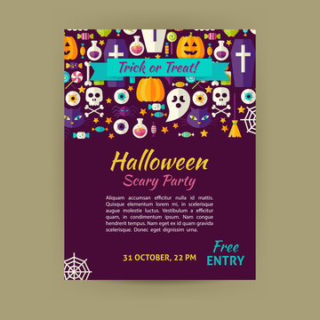 Halloween Holiday Vector Template Banner Flyer Modern Flat Style