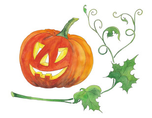 Obraz premium Halloween pumpkin with green leaves. Original watercolor pattern.