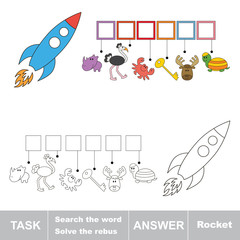 Vector game. Find hidden word rocket. Search the word.