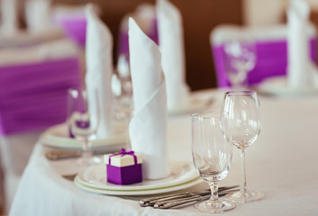 Table set for wedding or another catered event dinner.