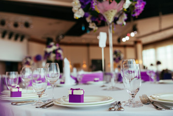 Table set for wedding or another catered event dinner.