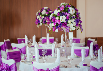 Table set for wedding or another catered event dinner.