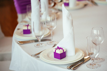 Table set for wedding or another catered event dinner.