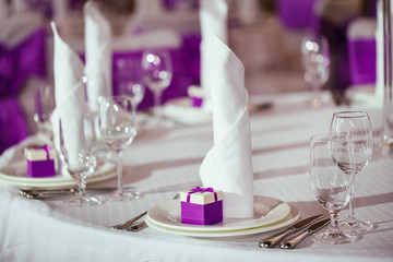 Table set for wedding or another catered event dinner.