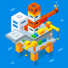 Petroleum extraction. Sea oil rig. Isometric flat vector illustration. Stock vector.