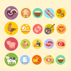 Farm animals and products made out of them: turkey, chicken, cow, pig, eggs, beefsteaks, sausages, milk, cheese, cottage cheese. Flat Vector illustration. Stock Vector.