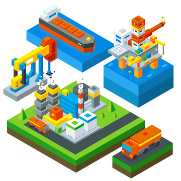 Petroleum extraction industry. Sea oil rig, drill tower, gasoline tank, oil tanker. oil refinery, Isometric flat vector illustration set. Vector stock.